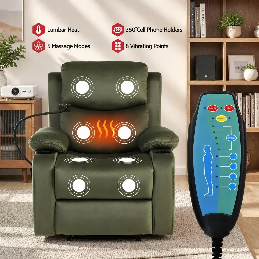 Heated Massage Recliner Chair Velvet Adjustable Green