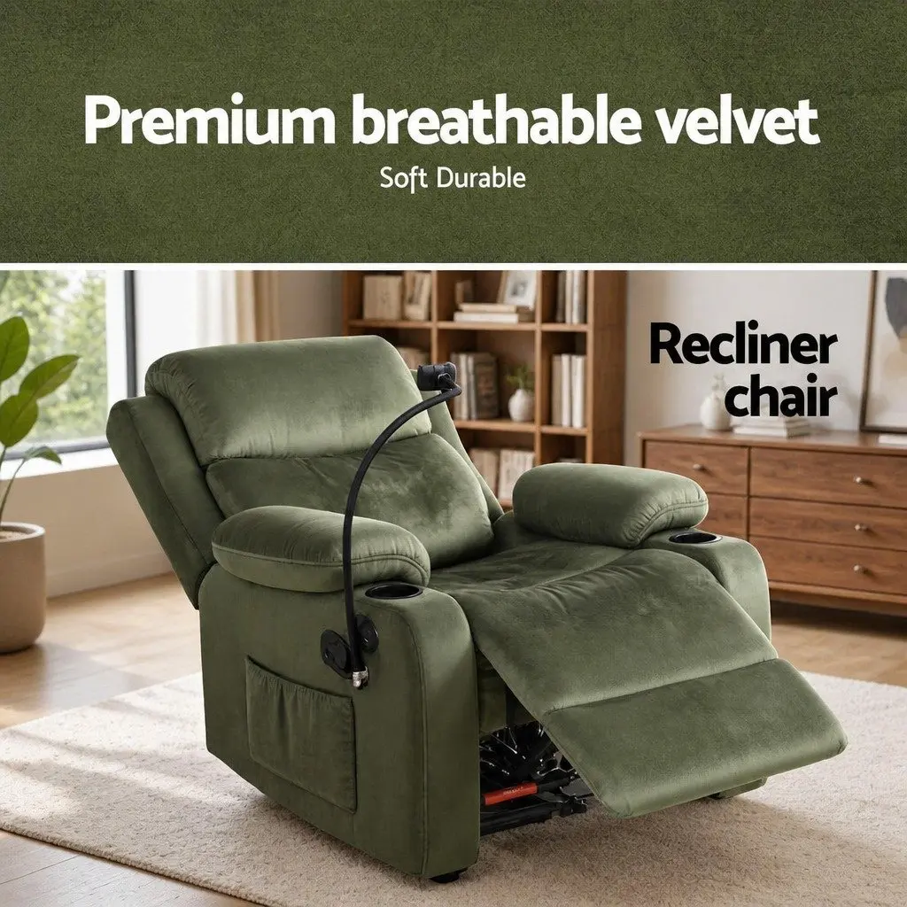 Heated Massage Recliner Chair Velvet Adjustable Green