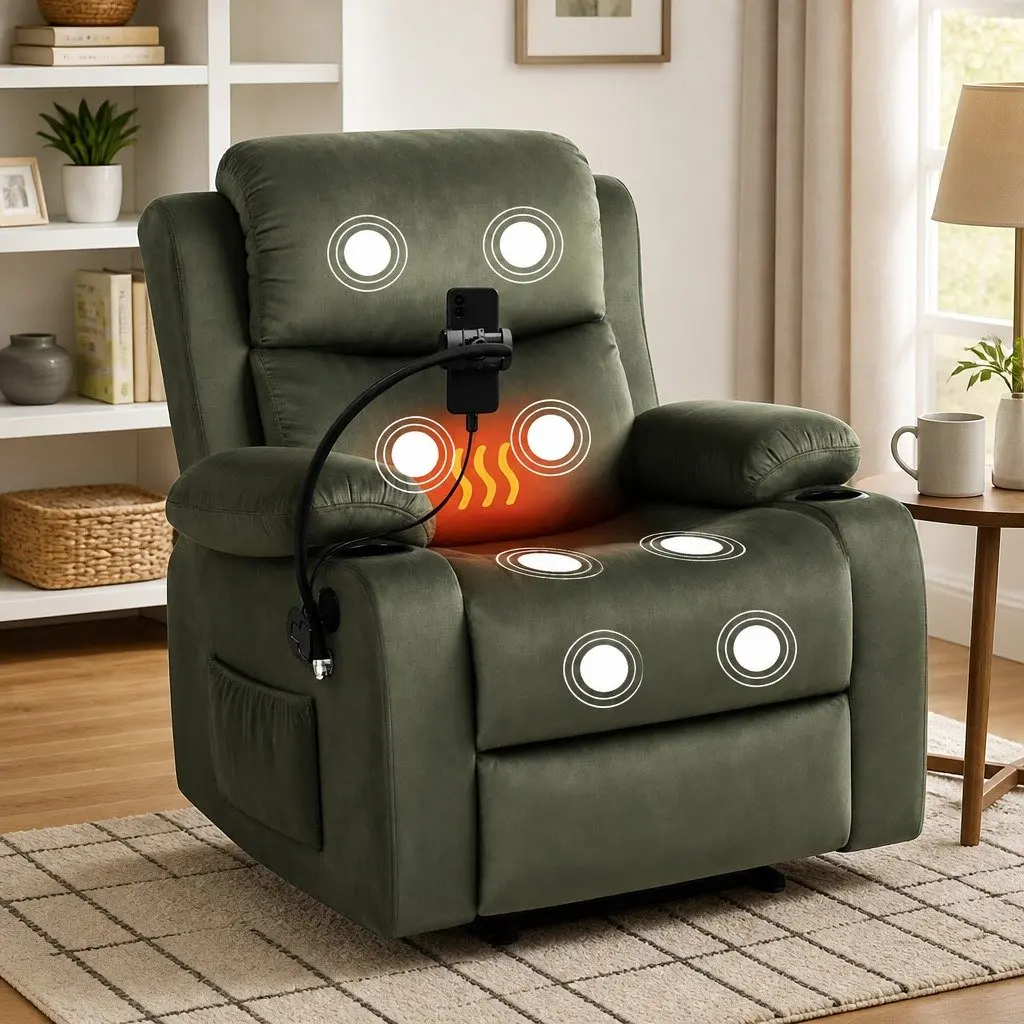 Heated Massage Recliner Chair Velvet Adjustable Green