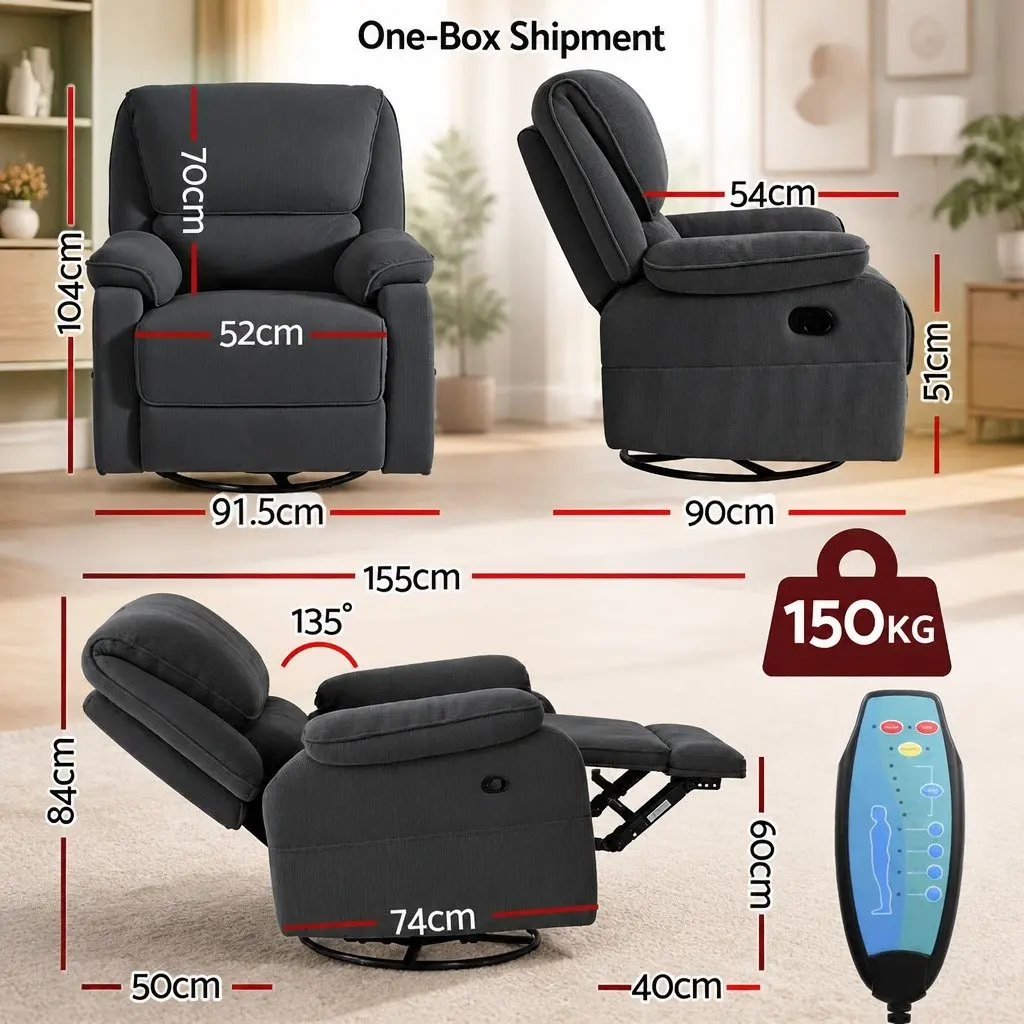 Rocking Recliner Chair 360 Swivel Massage Heated Armchair Grey Lounge Sofa