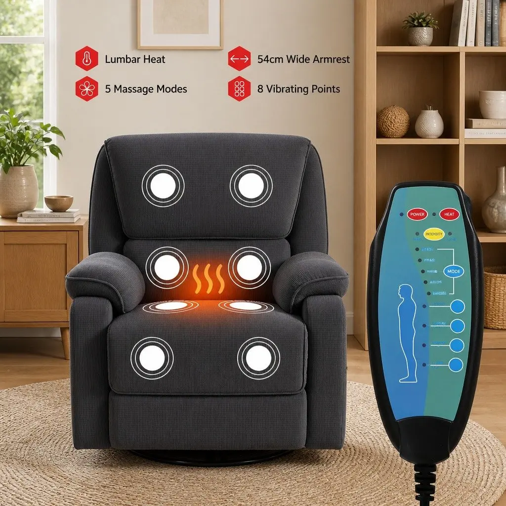 Rocking Recliner Chair 360 Swivel Massage Heated Armchair Grey Lounge Sofa