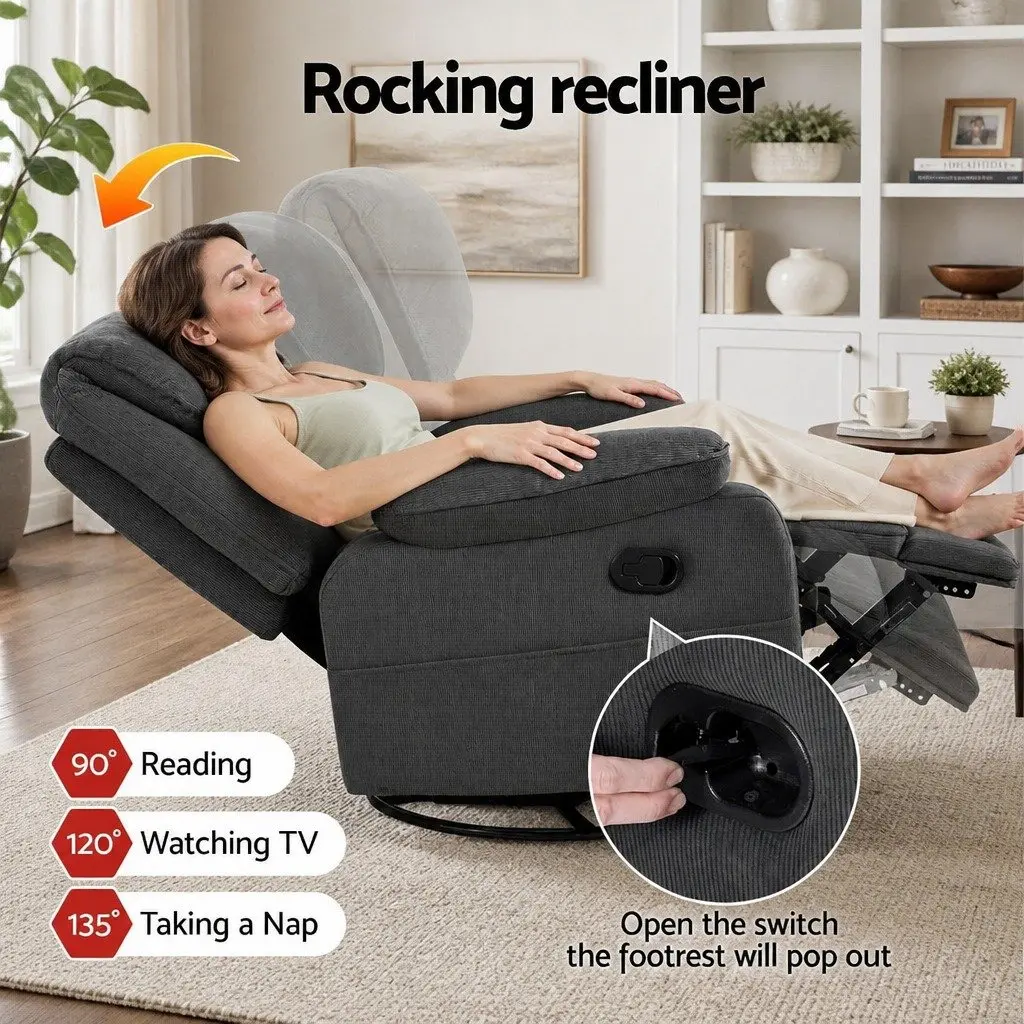 Rocking Recliner Chair 360 Swivel Massage Heated Armchair Grey Lounge Sofa