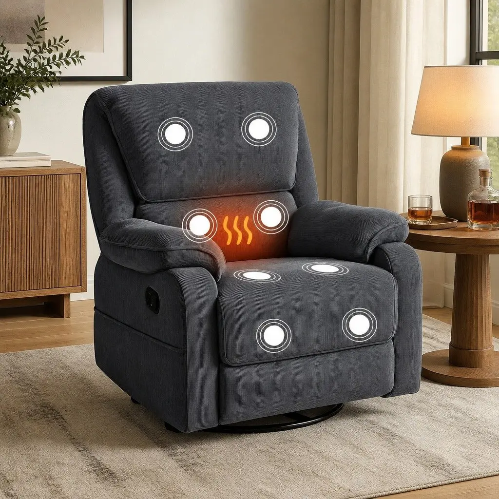 Rocking Recliner Chair 360 Swivel Massage Heated Armchair Grey Lounge Sofa