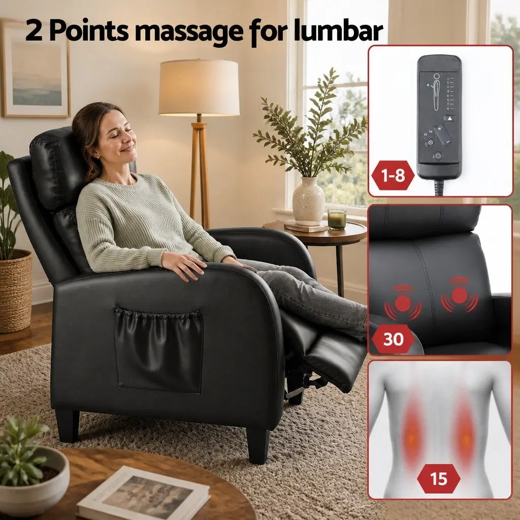 Massage Recliner Chair Small Sofa Armchair Black PU Leather Lounge Seat Adult
