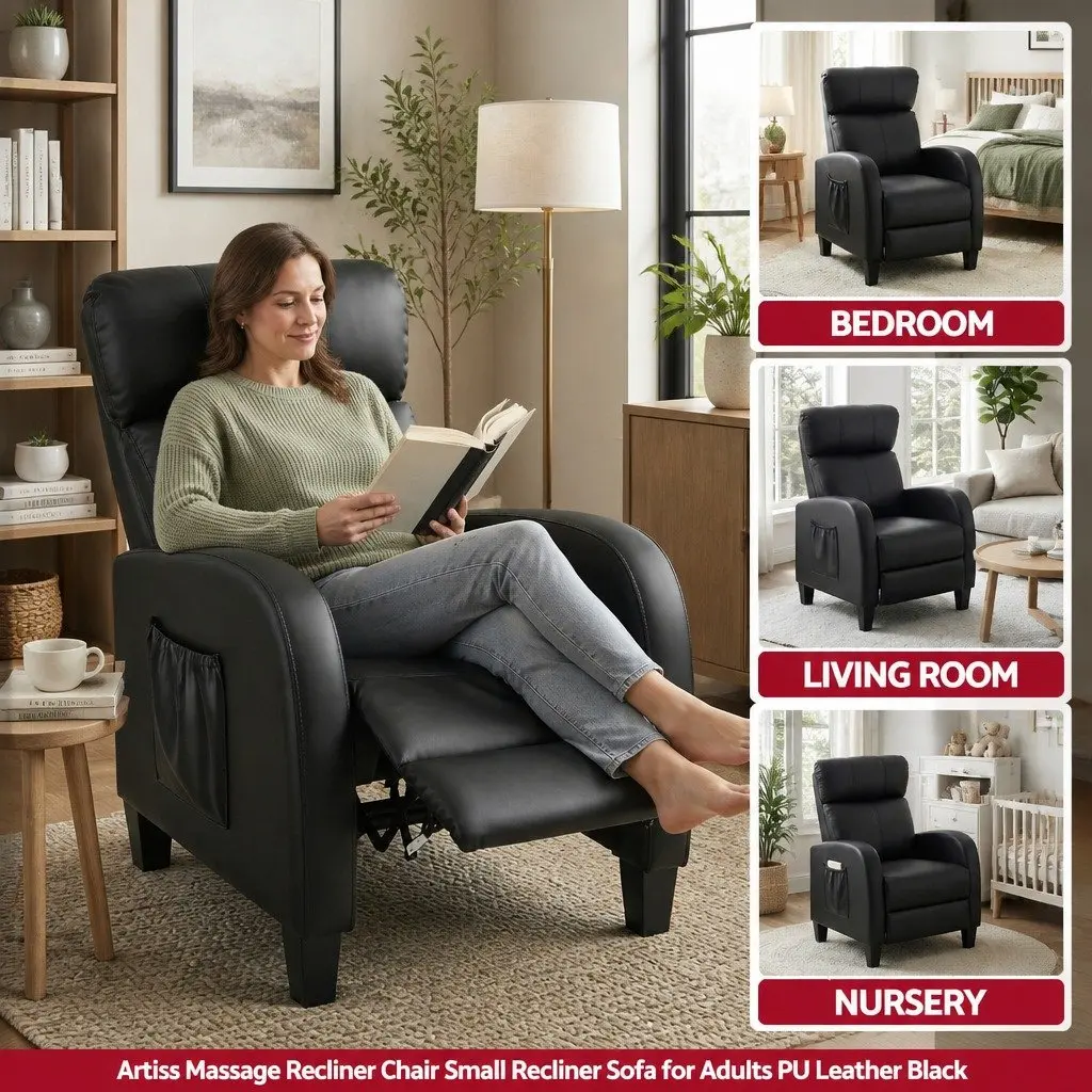 Massage Recliner Chair Small Sofa Armchair Black PU Leather Lounge Seat Adult