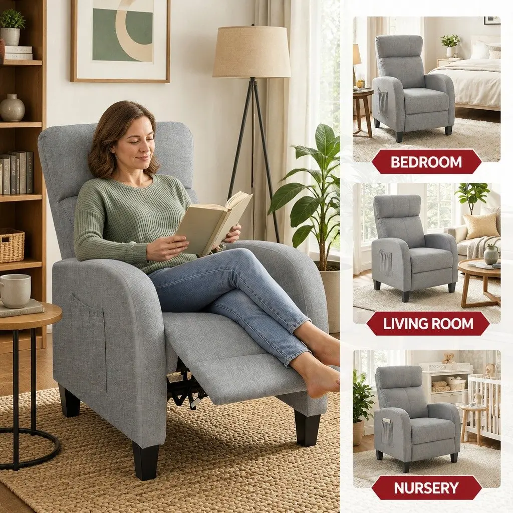 Massage Recliner Chair Grey Fabric Armchair Lounge Sofa Adjustable Recline