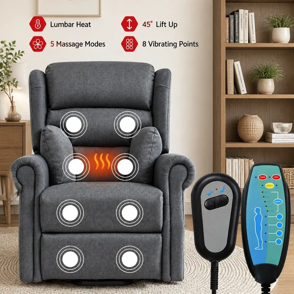 Electric Power Lift Recliner Chair Heated Massage Grey 130 Degrees