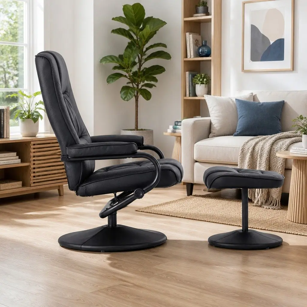 Recliner Chair with Ottoman 360-Degree Swivel Black PU Leather