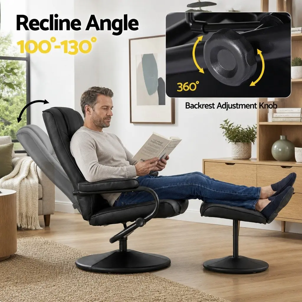 Recliner Chair with Ottoman 360-Degree Swivel Black PU Leather