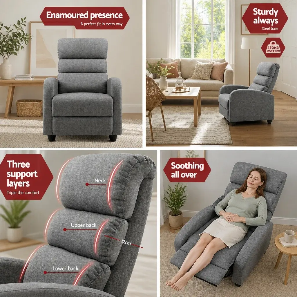 Recliner Armchair Grey Fabric Adjustable Backrest Footrest Lounge Chair