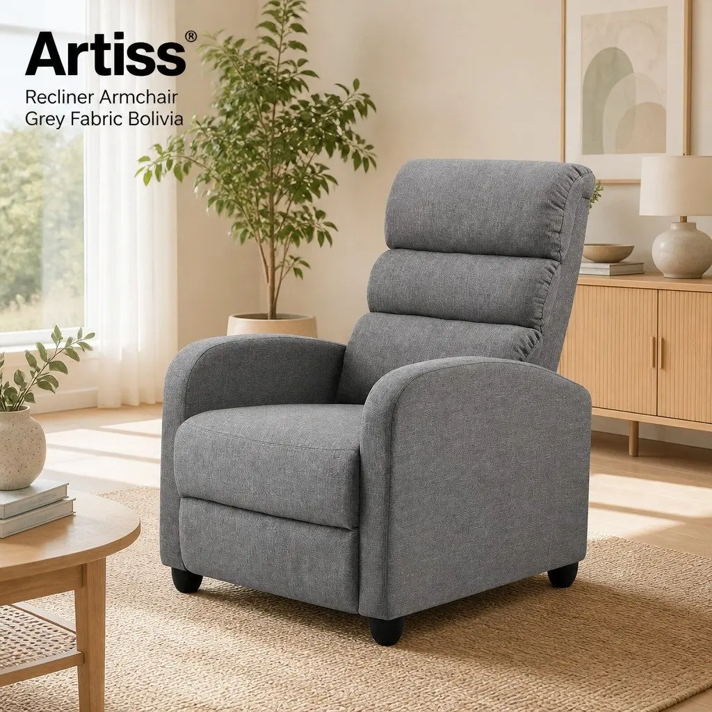 Recliner Armchair Grey Fabric Adjustable Backrest Footrest Lounge Chair