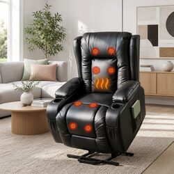 Massage Recliner Chair Lift Assist Heated Adjustable Footrest Black Leather