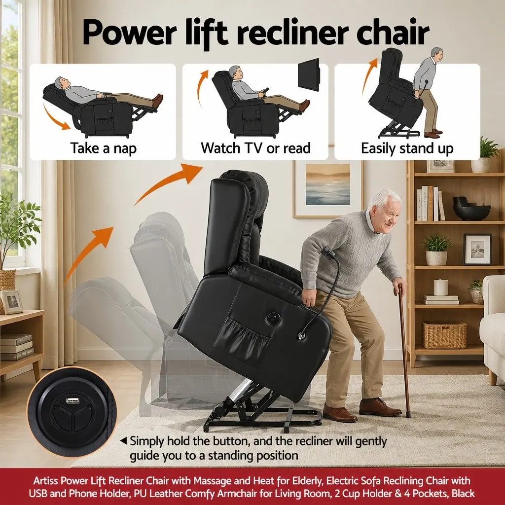 Power Lift Recliner Chair Electric Massage Heat Elderly Living Room Armchair USB