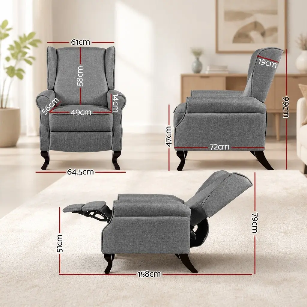 Recliner Armchair Grey Faux Linen Fabric Adjustable Backrest Footrest 64.5cm W x 72cm D x 99cm H