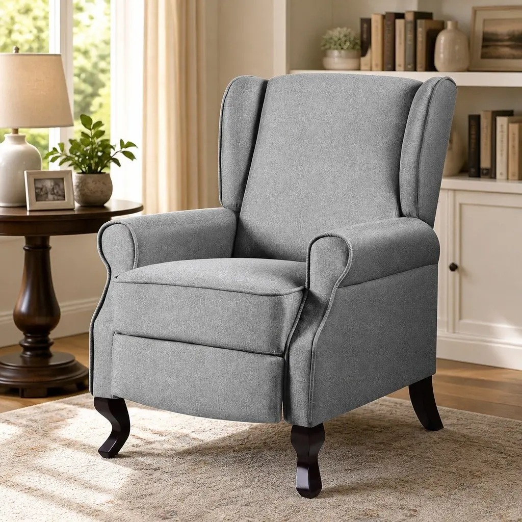 Recliner Armchair Grey Faux Linen Fabric Adjustable Backrest Footrest 64.5cm W x 72cm D x 99cm H