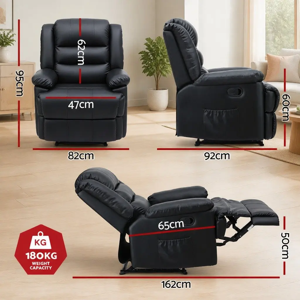 Manual Recliner Chair with LED Lights Black PU Leather 82 cm