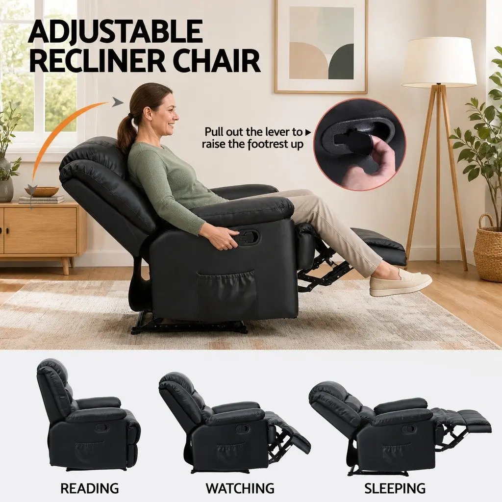 Manual Recliner Chair with LED Lights Black PU Leather 82 cm