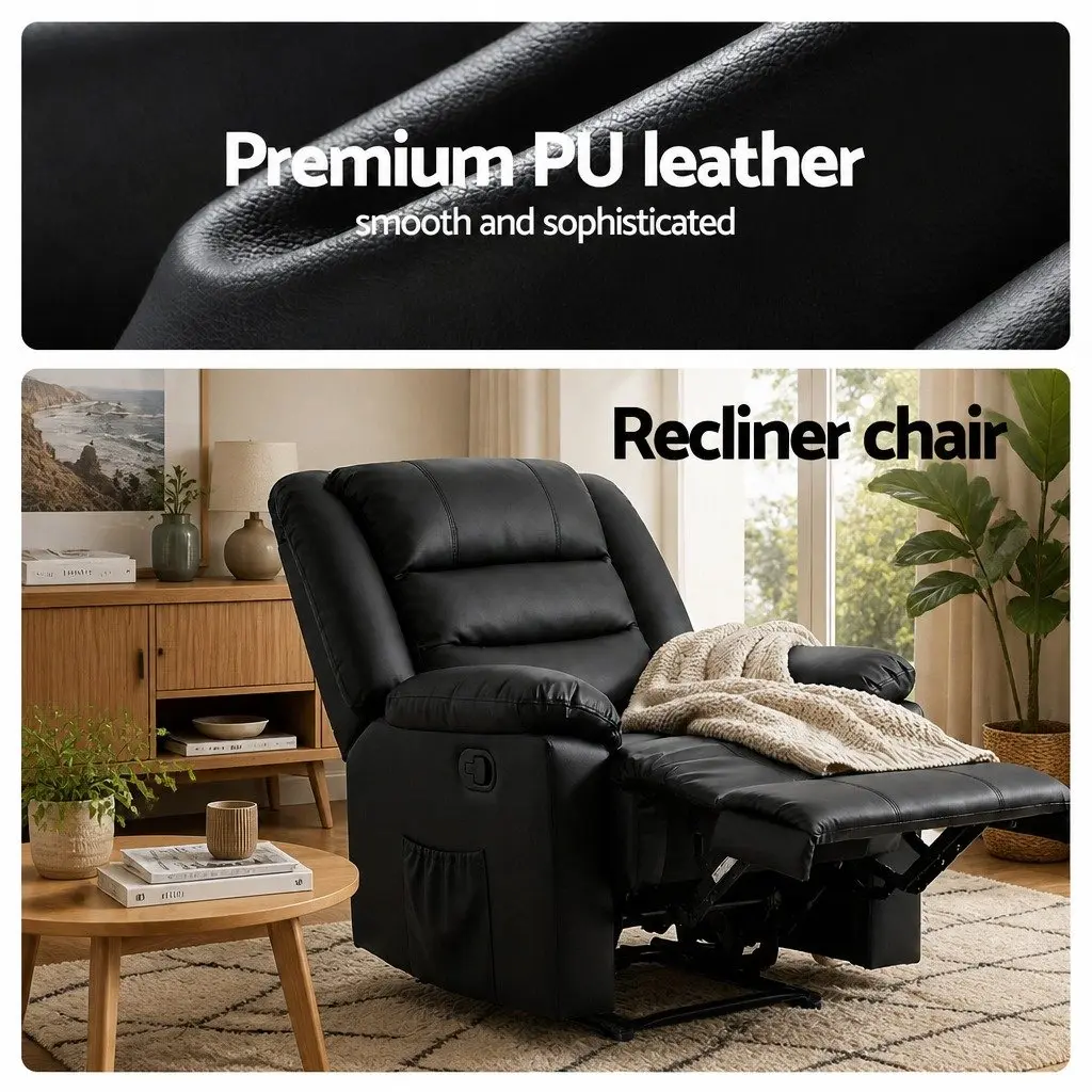 Manual Recliner Chair with LED Lights Black PU Leather 82 cm