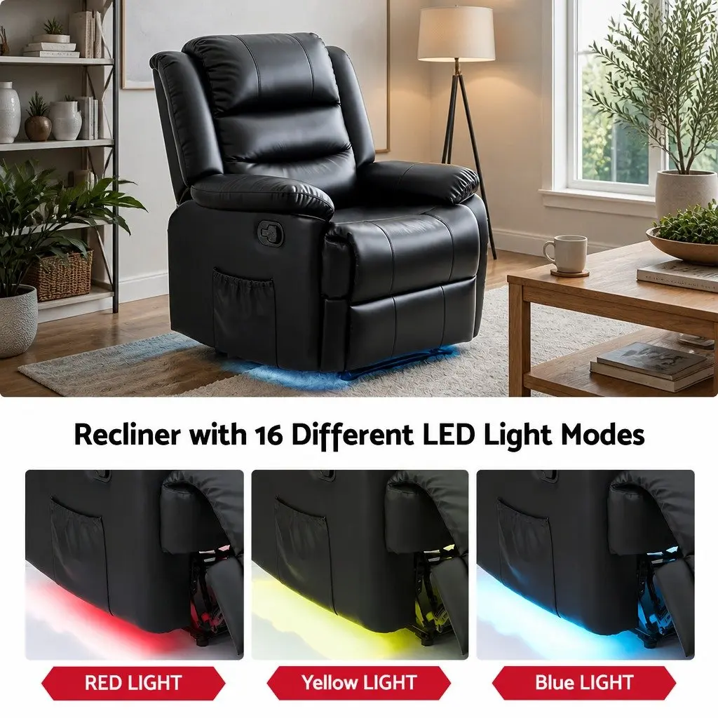 Manual Recliner Chair with LED Lights Black PU Leather 82 cm
