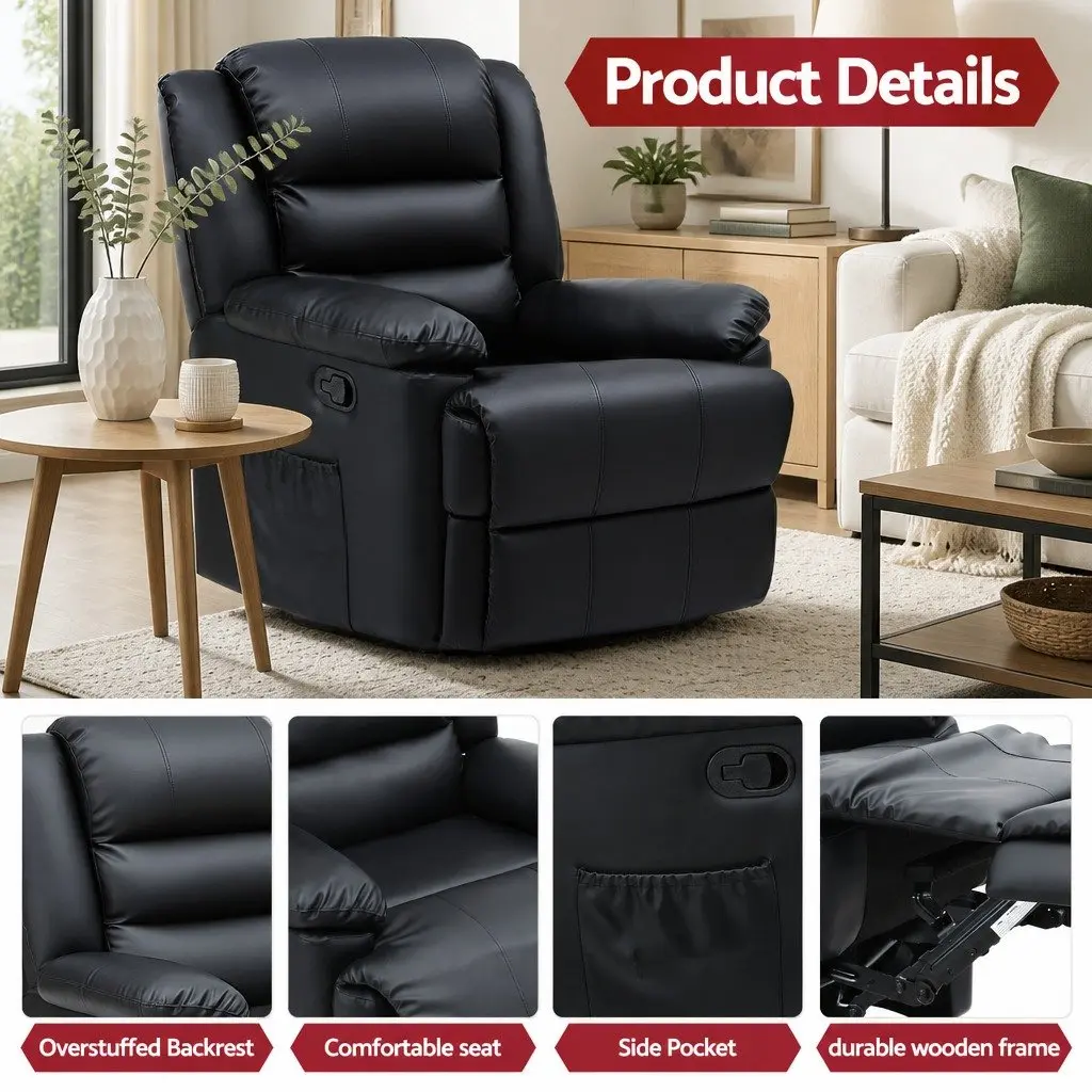 Manual Recliner Chair with LED Lights Black PU Leather 82 cm