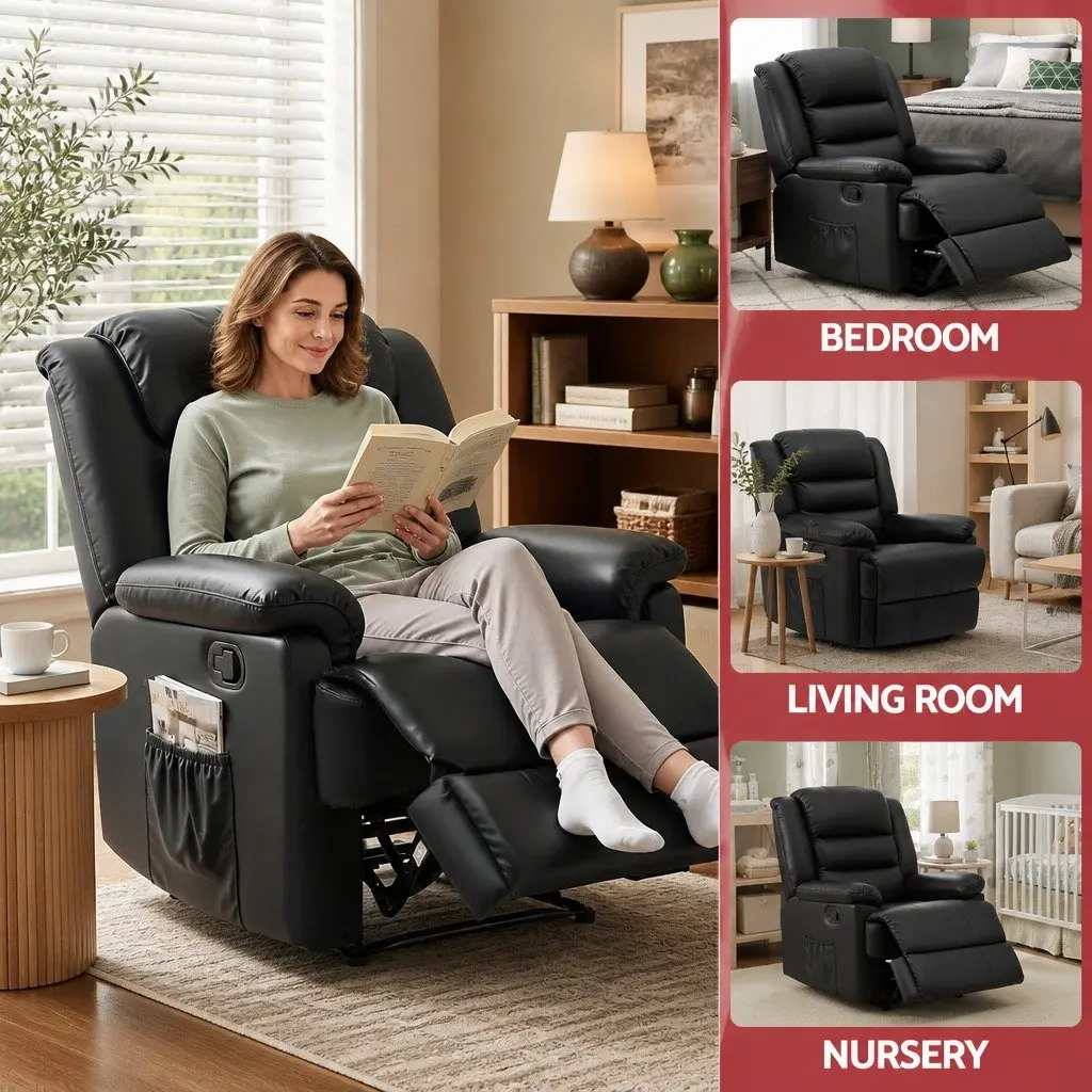 Manual Recliner Chair with LED Lights Black PU Leather 82 cm
