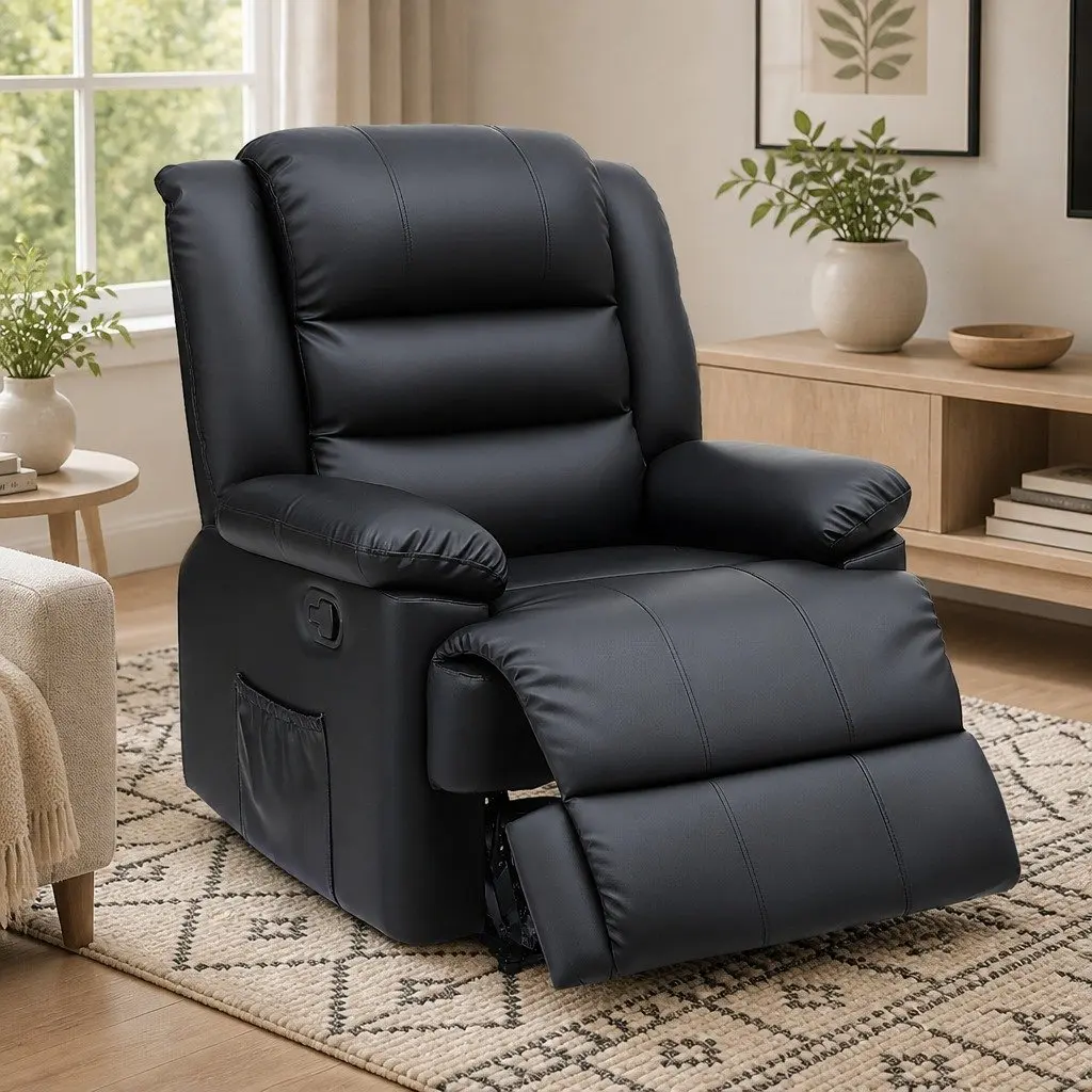 Manual Recliner Chair with LED Lights Black PU Leather 82 cm