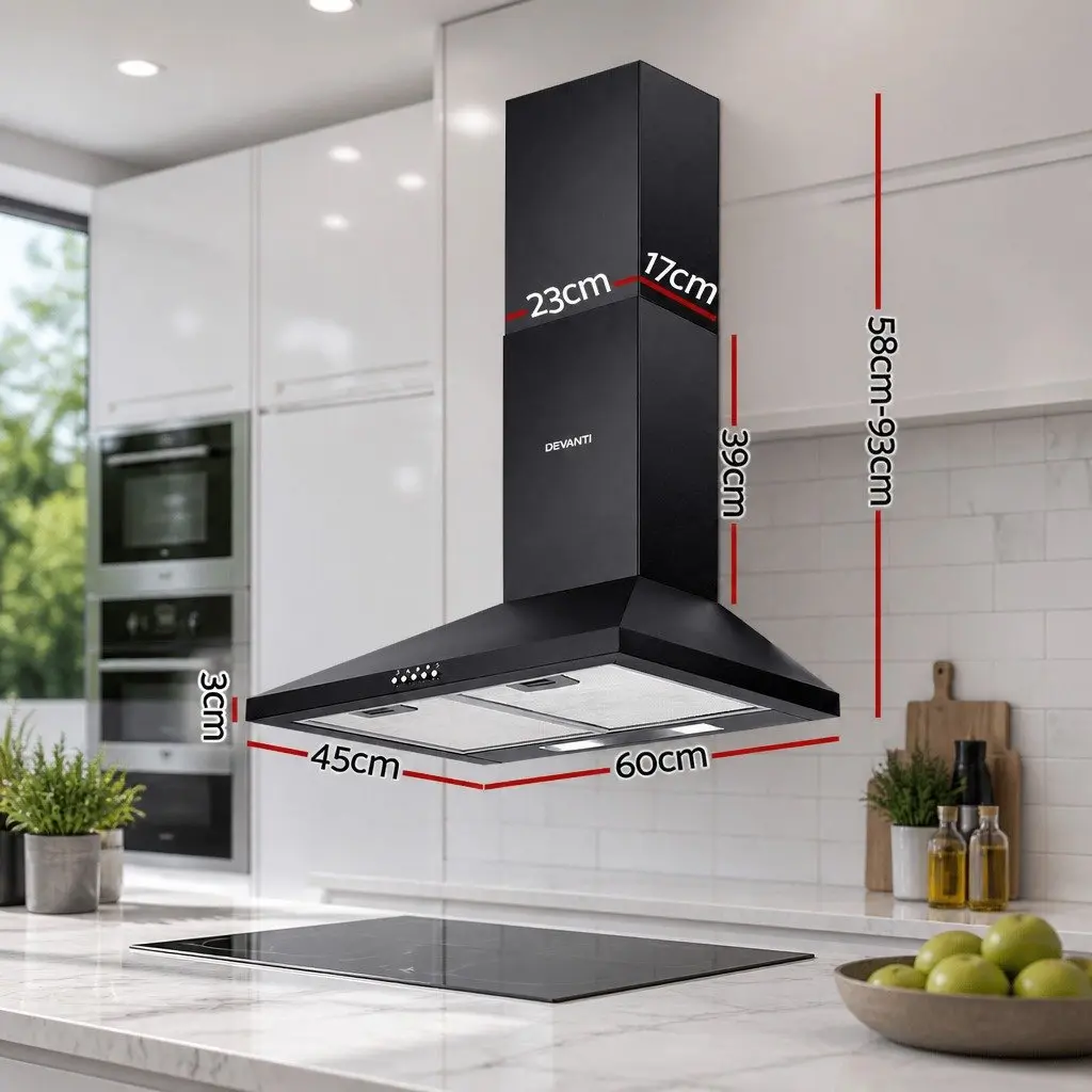 600mm Wall Mounted Range Hood Black High-Performance Extractor Fan 3-Speed