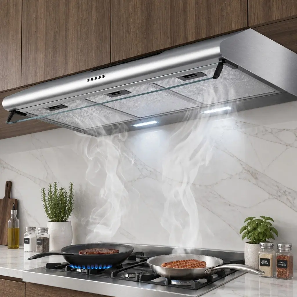 90cm Range Hood Stainless Steel Glass Visor High-Performance Motor 3-Speed