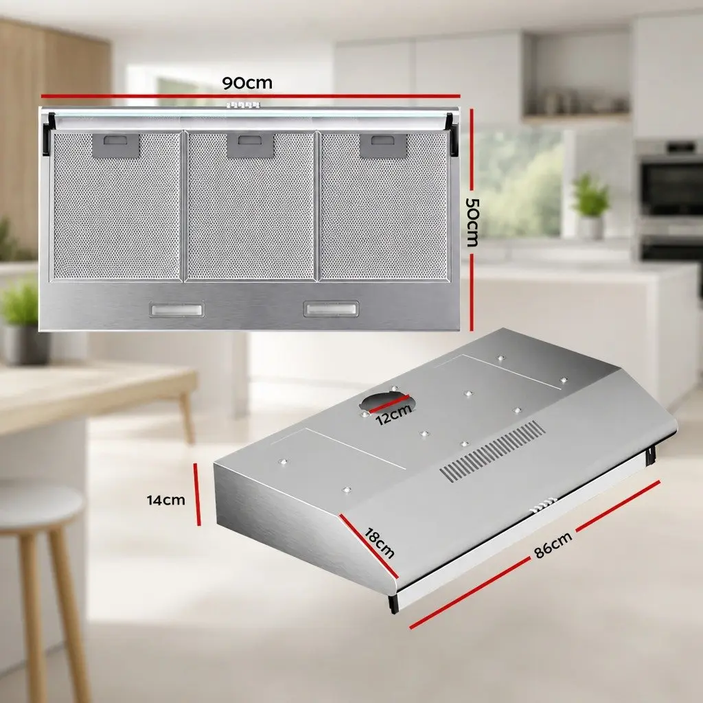 90cm Range Hood Stainless Steel Glass Visor High-Performance Motor 3-Speed