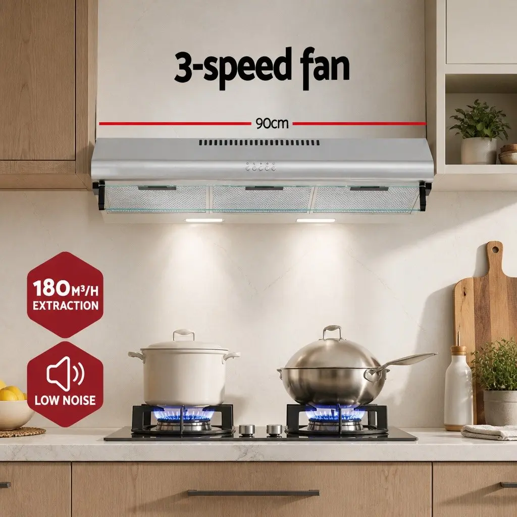 90cm Range Hood Stainless Steel Glass Visor High-Performance Motor 3-Speed
