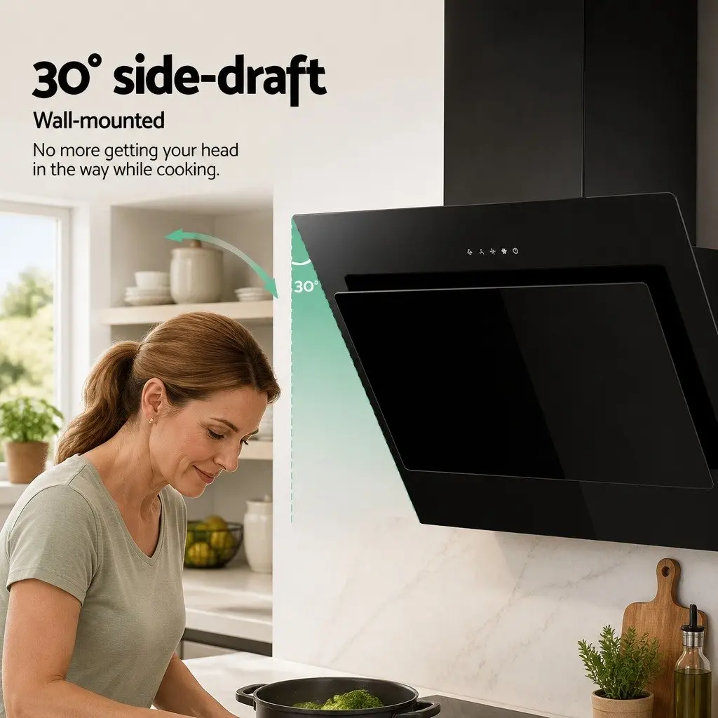 900mm Wall Mounted Side Draft Range Hood Black Tempered Glass