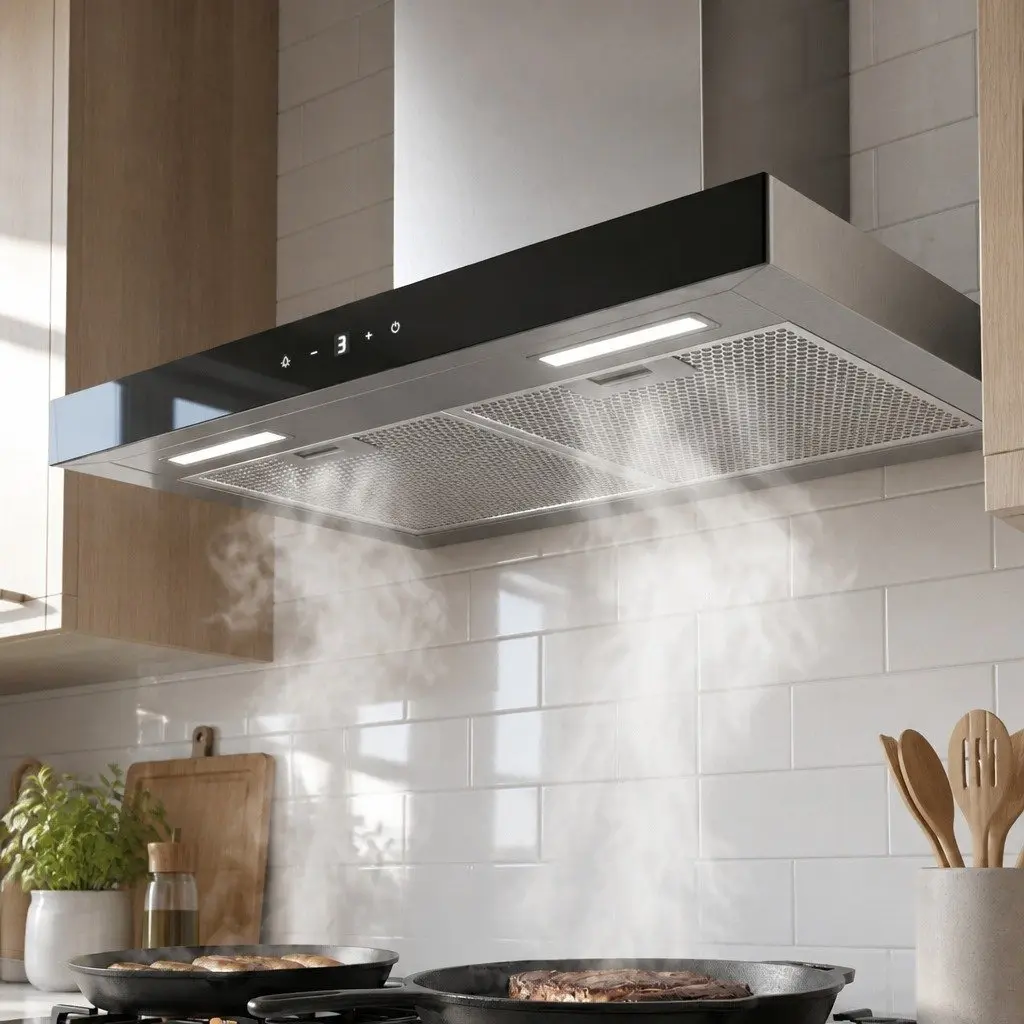 Range Hood 60cm Wall Mounted Black Tempered Glass Kitchen Extractor Fan 3-Speed