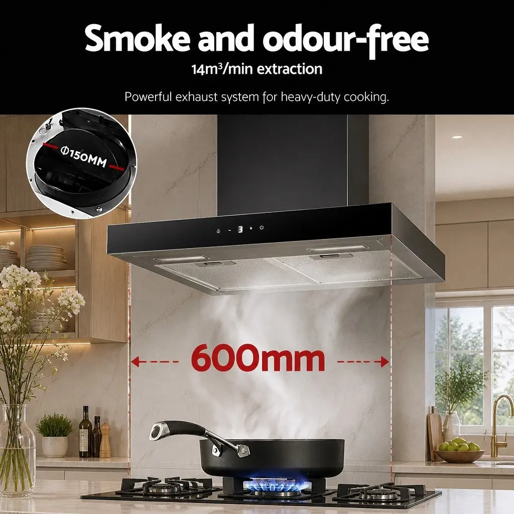 Range Hood 60cm Wall Mounted Black Tempered Glass Kitchen Extractor Fan 3-Speed