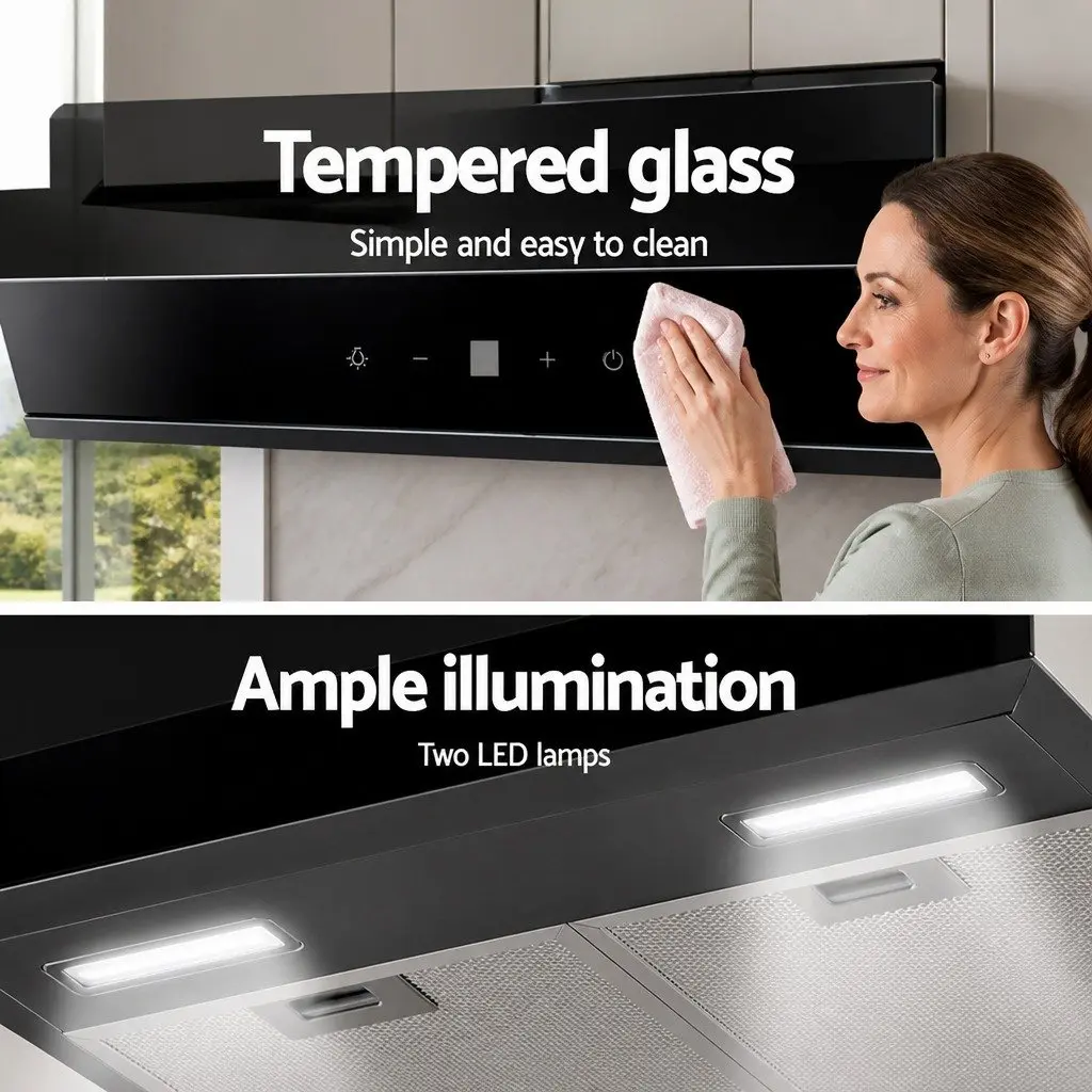 Range Hood 60cm Wall Mounted Black Tempered Glass Kitchen Extractor Fan 3-Speed
