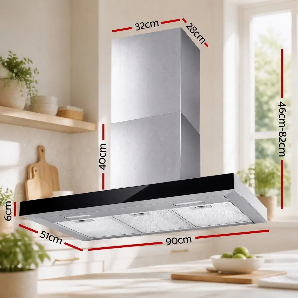 Wall Mounted Range Hood T-Shape 90cm Black Glass Stainless Steel