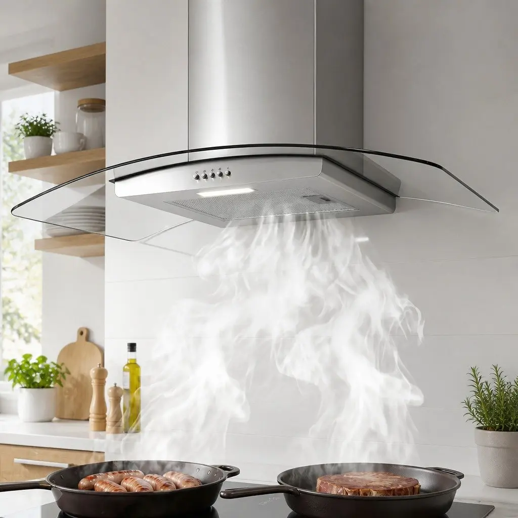 90cm Range Hood Curved Glass Canopy Kitchen Exhaust Fan Wall Mount Rangehood
