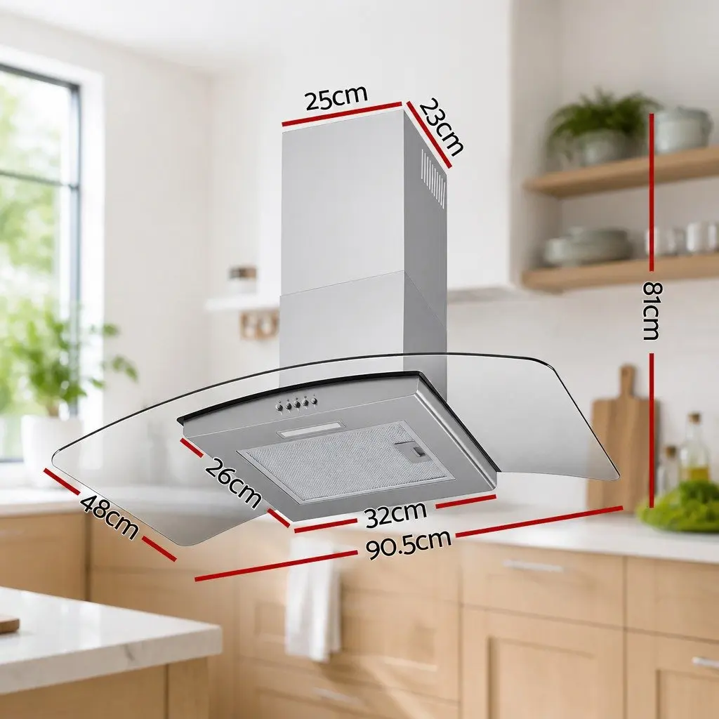 90cm Range Hood Curved Glass Canopy Kitchen Exhaust Fan Wall Mount Rangehood