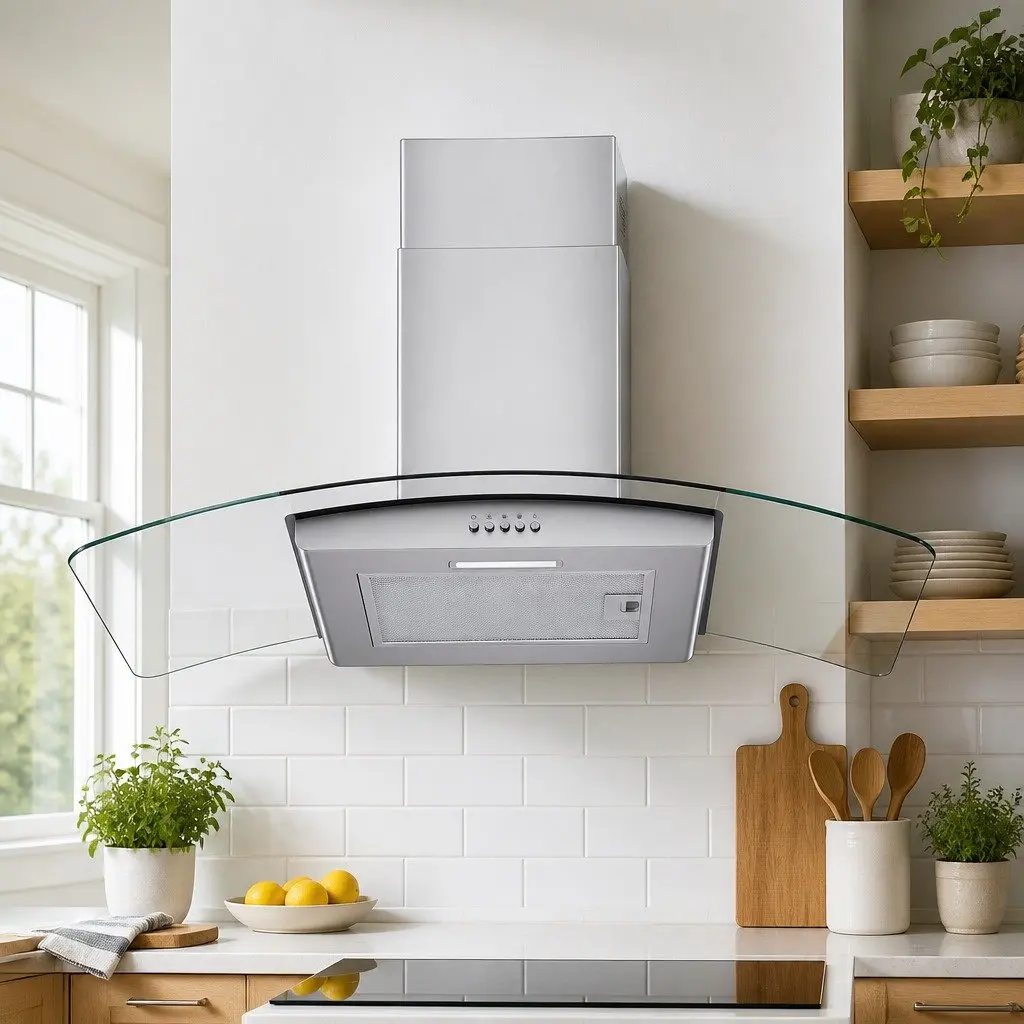 90cm Range Hood Curved Glass Canopy Kitchen Exhaust Fan Wall Mount Rangehood