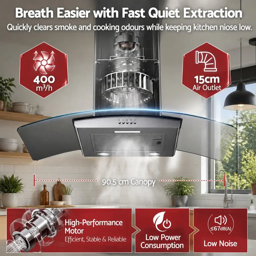 90cm Range Hood Curved Glass Canopy Kitchen Exhaust Fan Wall Mount Rangehood