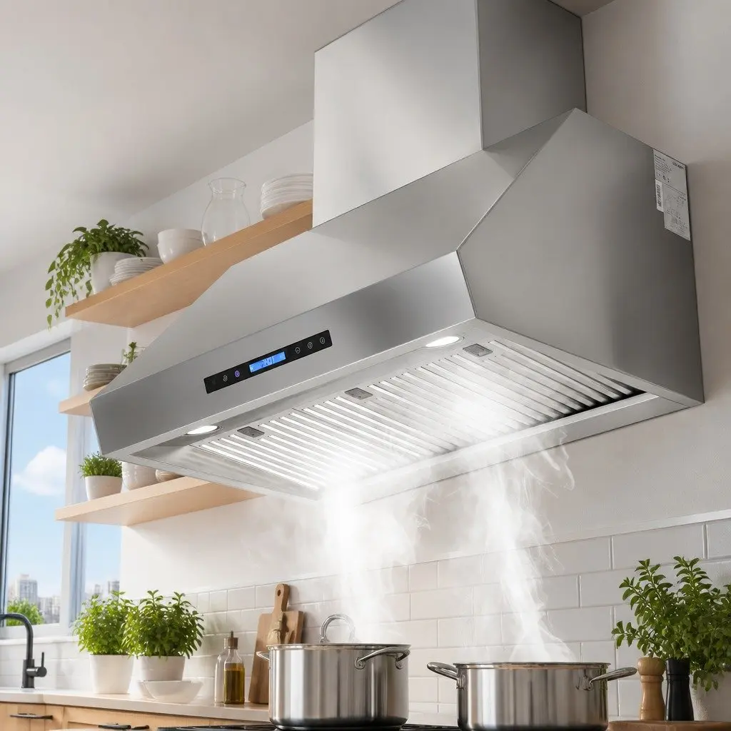 Wall-Mounted Range Hood 900mm 3-Speed Fan LED Display Remote Control Silver