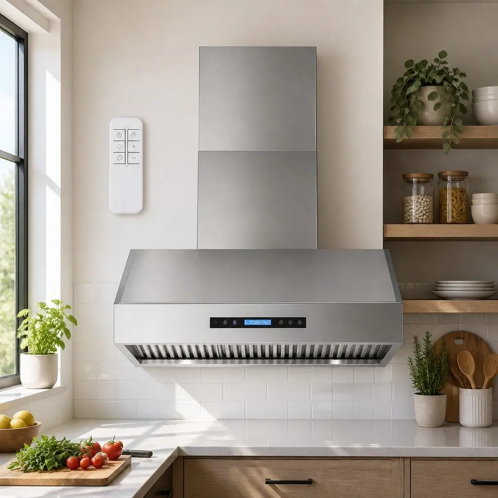 900mm Wall Mount Range Hood Silver LED Display Remote Control 3 Speed Fan