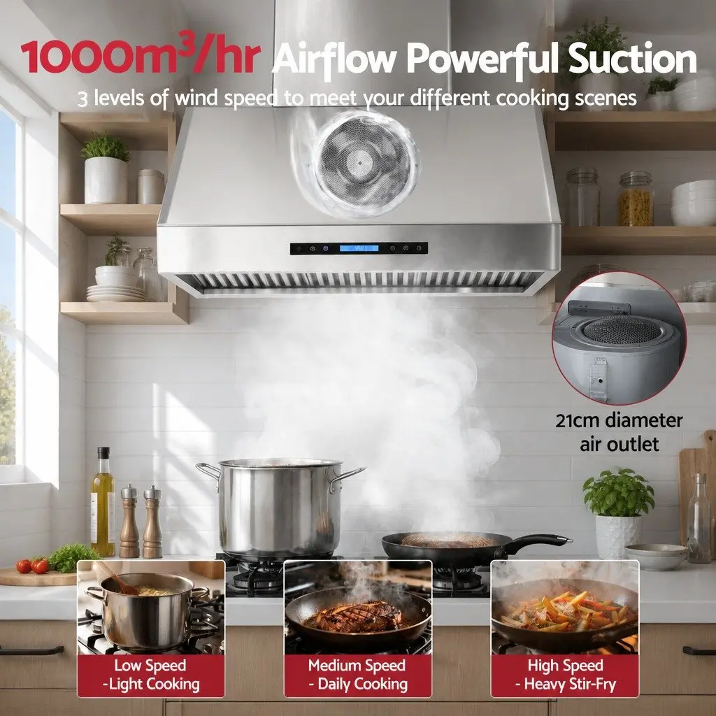 900mm Wall Mount Range Hood Silver LED Display Remote Control 3 Speed Fan