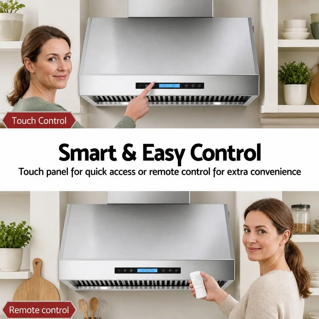 900mm Wall Mount Range Hood Silver LED Display Remote Control 3 Speed Fan