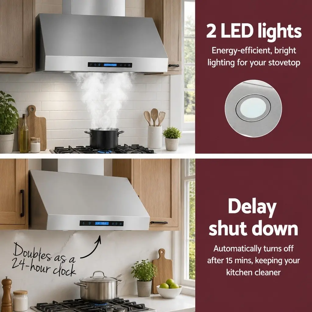 900mm Wall Mount Range Hood Silver LED Display Remote Control 3 Speed Fan