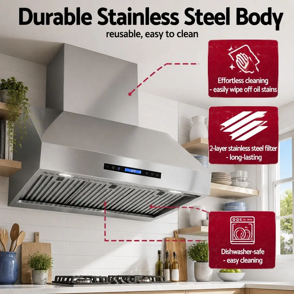 900mm Wall Mount Range Hood Silver LED Display Remote Control 3 Speed Fan
