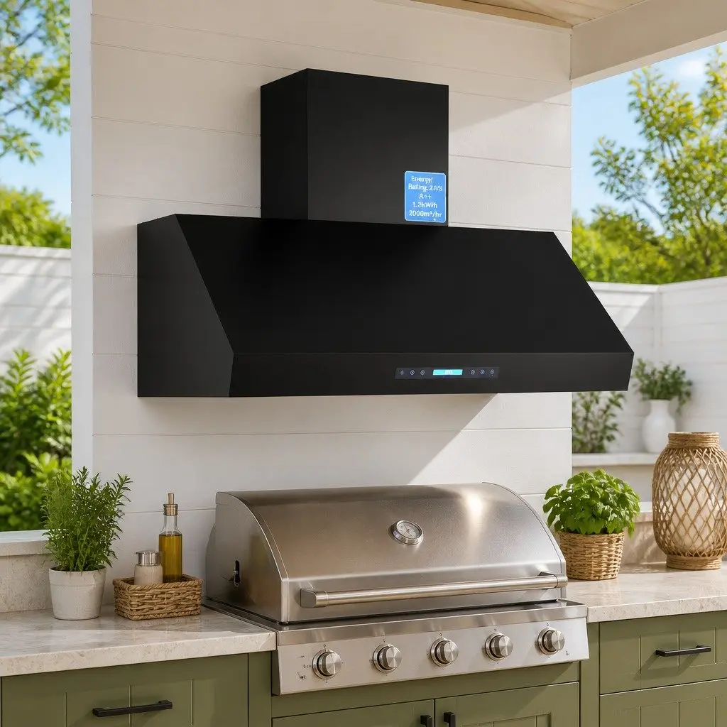 1200mm Commercial BBQ Range Hood Dual Motor Touch Remote Control Black Wall
