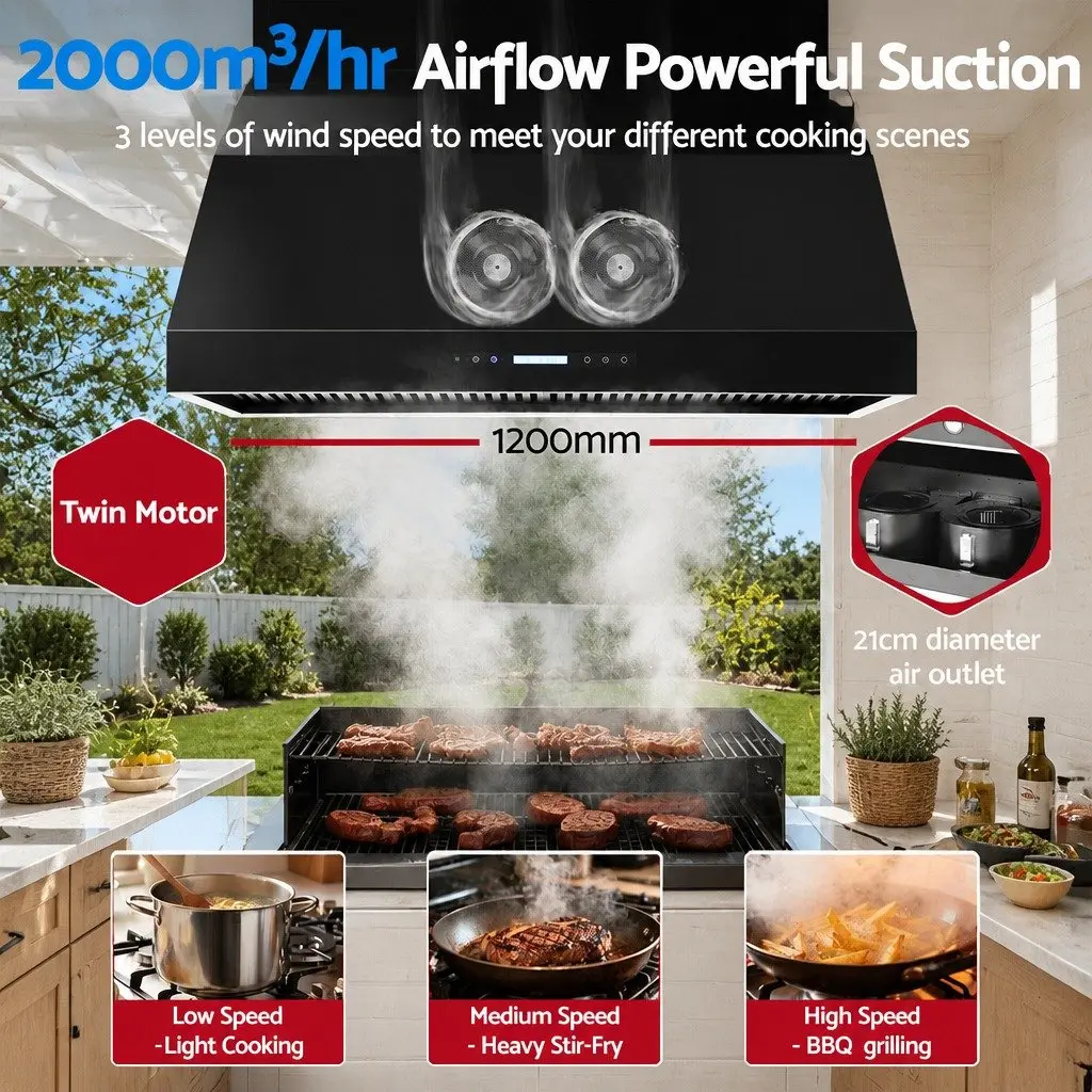1200mm Commercial BBQ Range Hood Dual Motor Touch Remote Control Black Wall