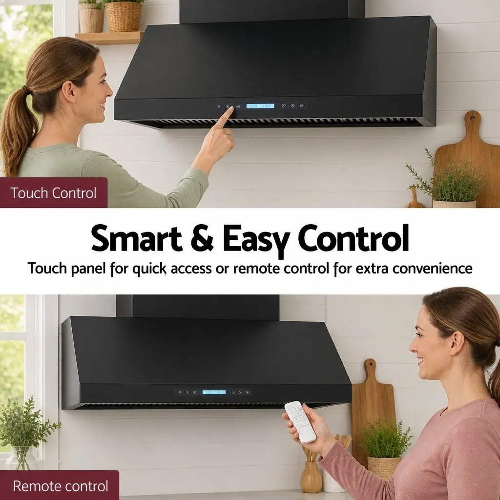 1200mm Commercial BBQ Range Hood Dual Motor Touch Remote Control Black Wall