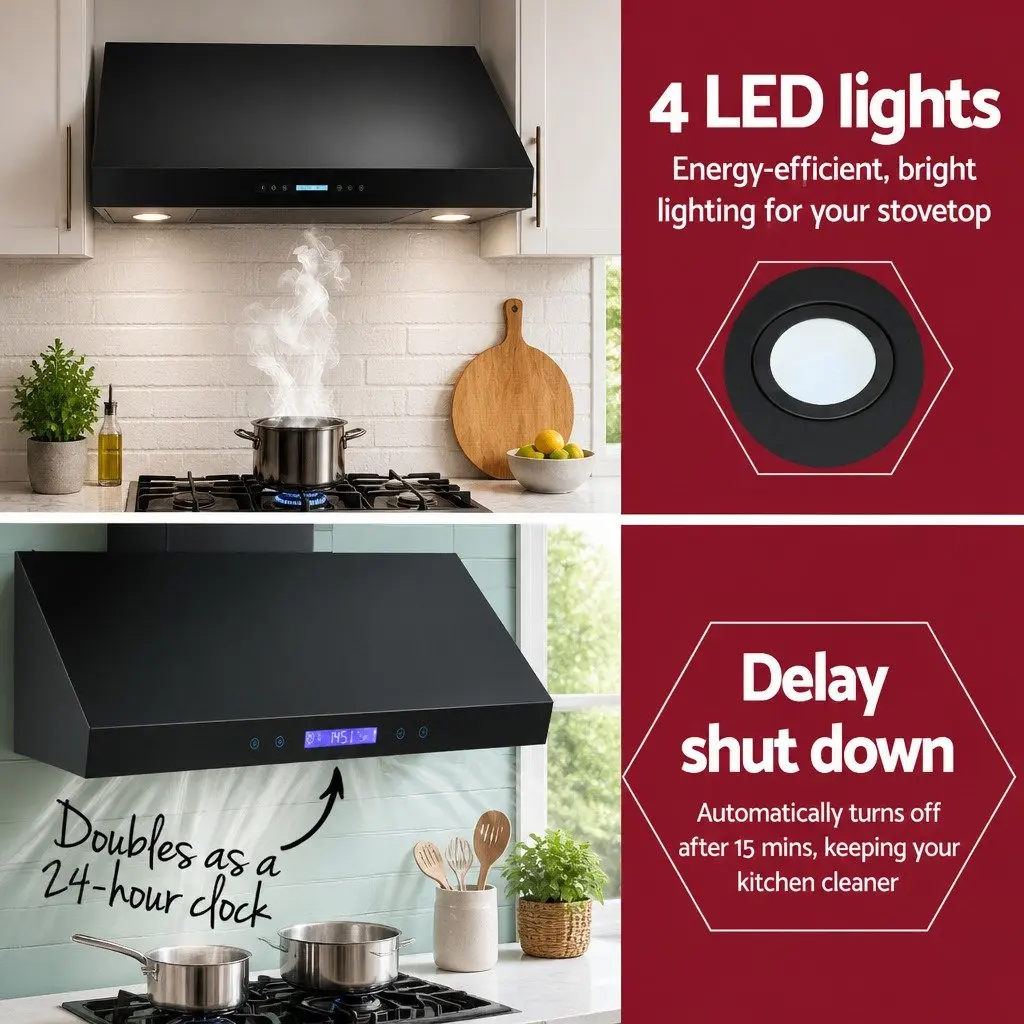 1200mm Commercial BBQ Range Hood Dual Motor Touch Remote Control Black Wall