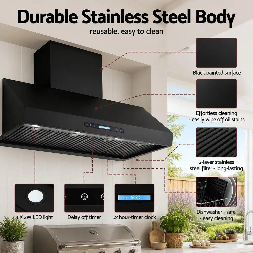 1200mm Commercial BBQ Range Hood Dual Motor Touch Remote Control Black Wall